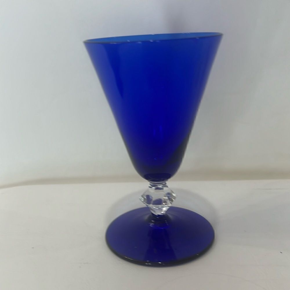 Cobalt Blue Glass Cordial Champagne Glass Diamond Stem 4 Oz Vintage Art Deco